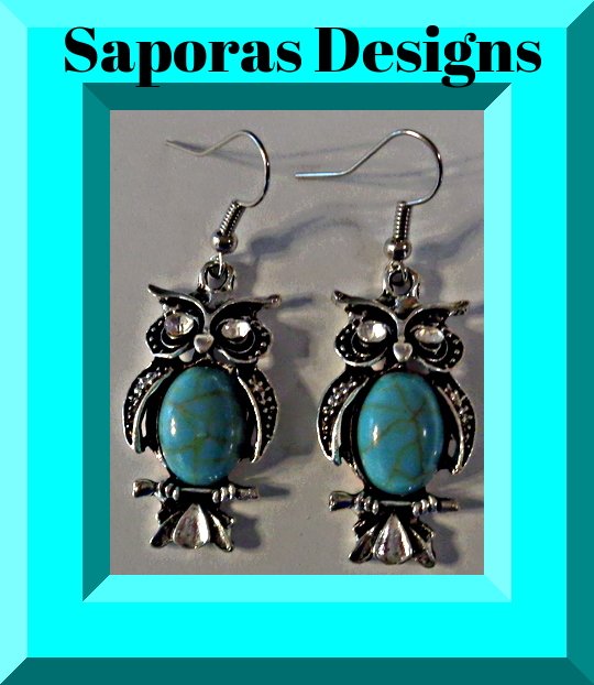 Image 0 of Tibetan Silver & Turquoise Owl Design Dangle Earrings With Clear Crystals