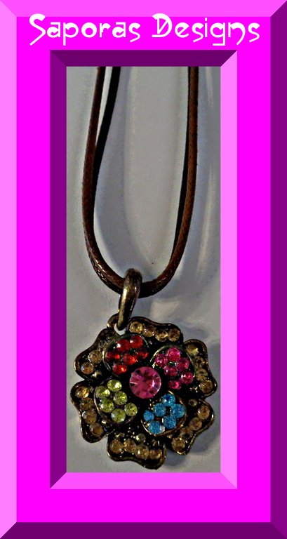 Image 0 of Antique Flower / Rose Design Necklace With Colorful Rhinestones & Leather Chain