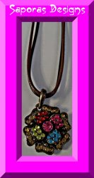 Antique Flower / Rose Design Necklace With Colorful Rhinestones & Leather Chain