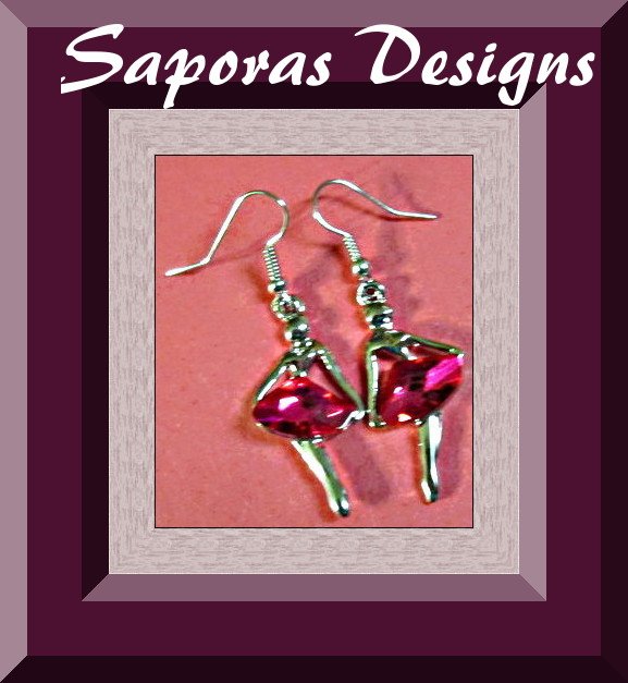 Image 0 of Silver Tone Dangle Earrings Ballerina Design With Pink Crystals