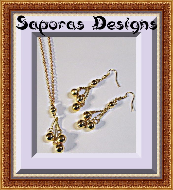 Image 0 of Gold Tone Dangle Earring & Necklace Set With Ball Designs Holiday Jewelry
