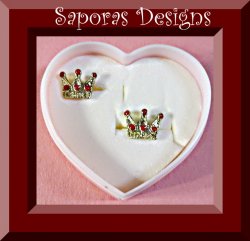 Gold Tone & Red In Color Crown Design Stud Earrings