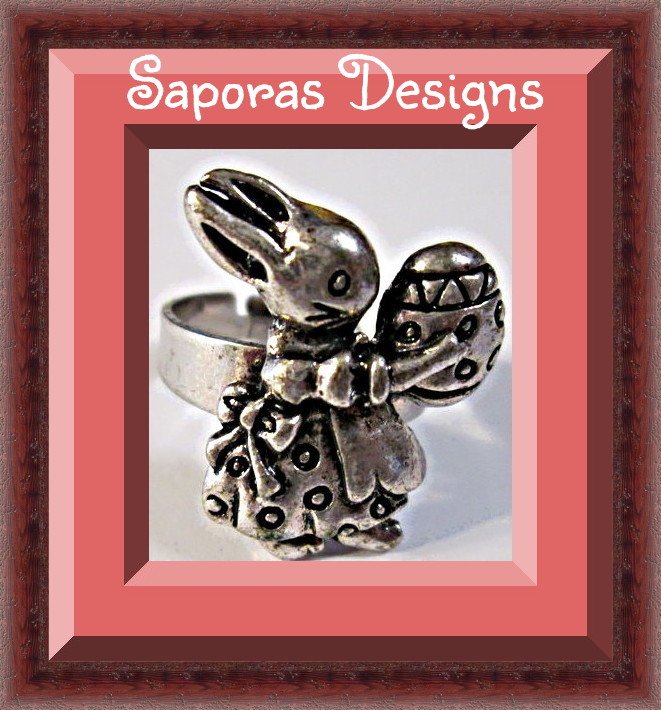 Image 0 of Vintage Silver Tone Bunny Rabbit Easter Design Ring Size 6 & Adjustable To Fit