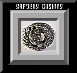 Silver Tone Snake Design Ring With Clear & Black Crystals Size 7 Unisex Gothic 