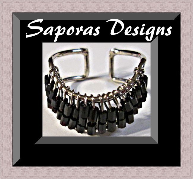 Image 0 of Silver Tone Handmade Ring Size 8.5 With Black Beads Native Ethnic Tribal Design