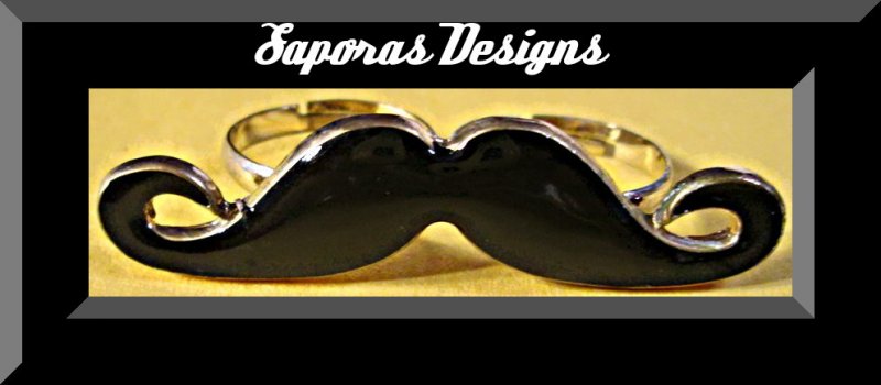 Image 0 of Gold Tone & Black Mustache Design Double Finger Ring Size Size 6 & 7.5