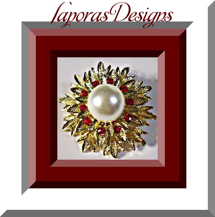 Image 0 of Gold Tone Flower Design Brooch With Red Crystals & White Faux Pearl