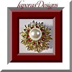 Gold Tone Flower Design Brooch With Red Crystals & White Faux Pearl