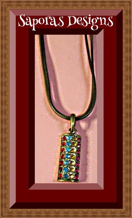 Image 0 of Antique Design Necklace With Colorful Rhinestones & Brown Leather Chain