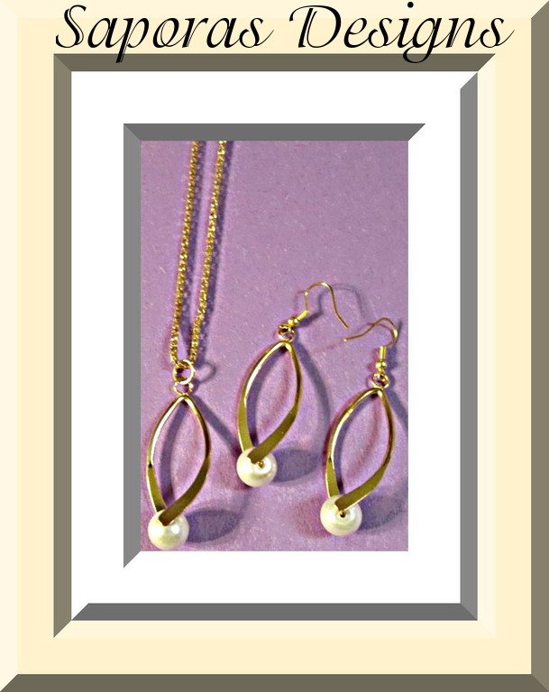 Image 0 of Gold Tone Necklace & Dangle Earring Jewelry Set With White Faux Pearl Classy 