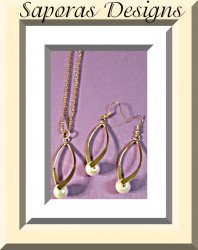 Gold Tone Necklace & Dangle Earring Jewelry Set With White Faux Pearl Classy 