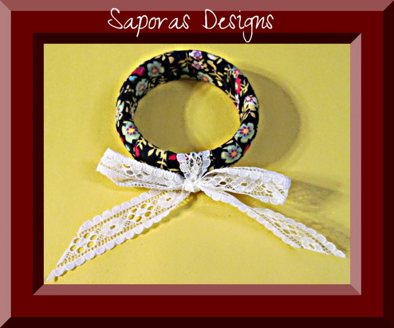 Image 0 of Handmade Bangle Vintage Bracelet Wrapped In Flower Design Cloth & Lace Bow