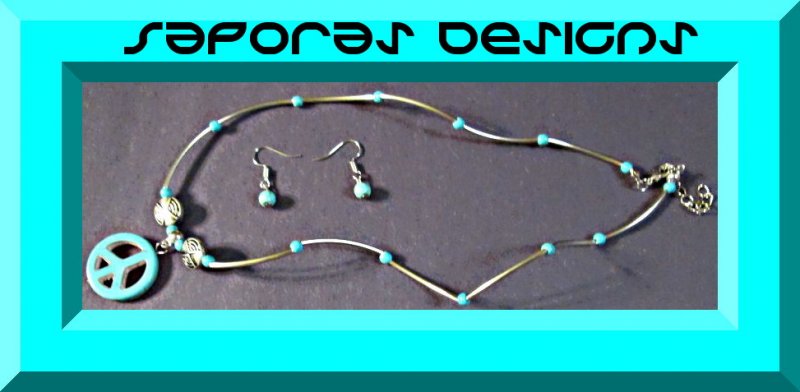 Image 0 of Tibetan Silver & Turquoise Peace Sign Necklace & Dangle Earring Jewelry Set
