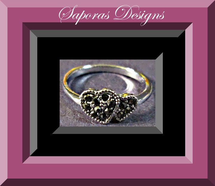 Image 0 of Size 5 Silver Tone Double Heart Design Ring With Black Crystals