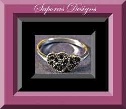 Size 5 Silver Tone Double Heart Design Ring With Black Crystals