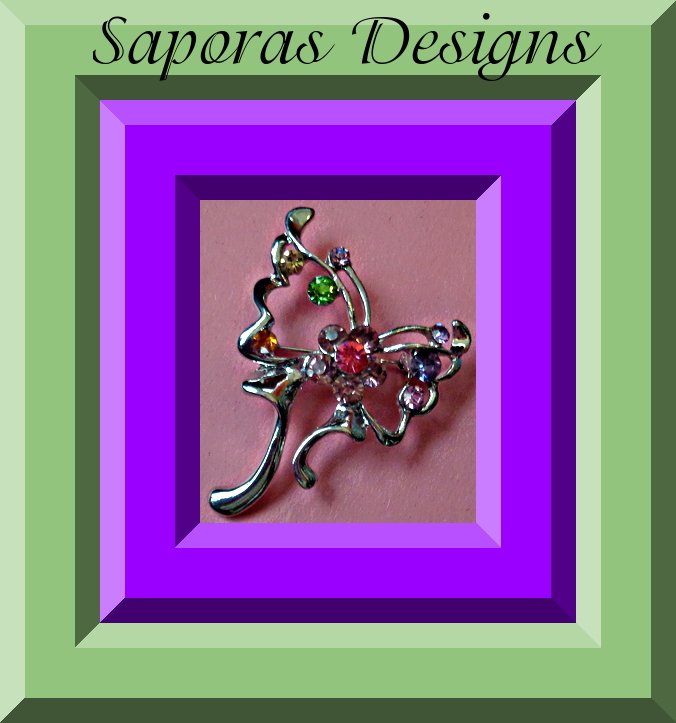 Silver Tone Butterfly Design Vintage Brooch With Colorful Crystals