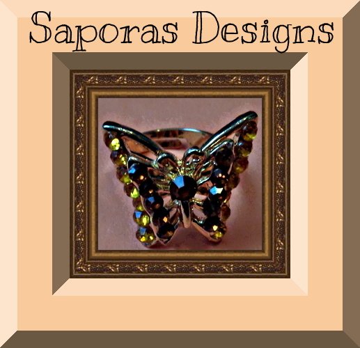 Image 0 of Gold Tone Butterfly Design Ring With Brown Rhinestones Size 7 & Adjustable