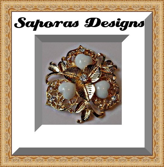 Image 0 of Gold Tone Flower Design Brooch With White Heart Design Beads