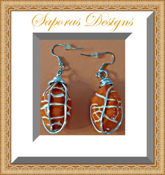 Image 0 of Handmade Silver Tone Wire Dangle Earrings With Orange & White Beads