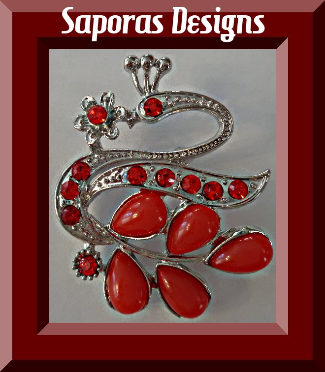 Image 0 of Silver Tone Swan Design Brooch With Red Crystals & Red Beads