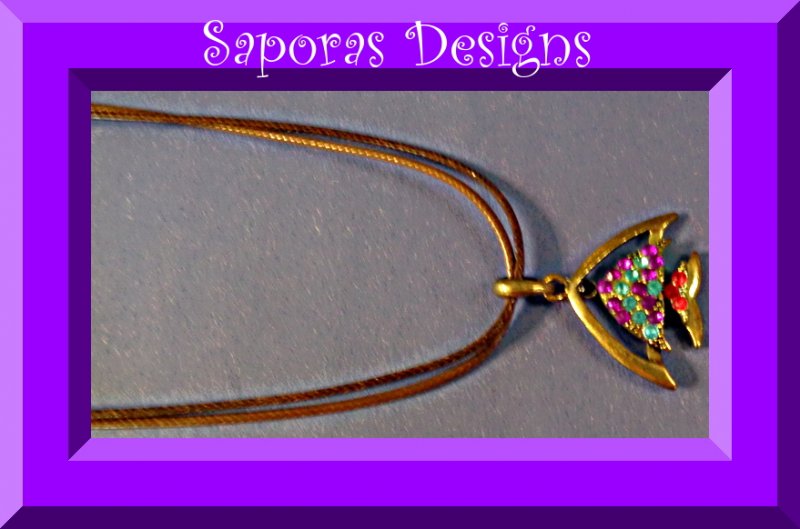 Image 0 of Antique Fish Design Necklace With Colorful Rhinestones With Brown Leather Chain