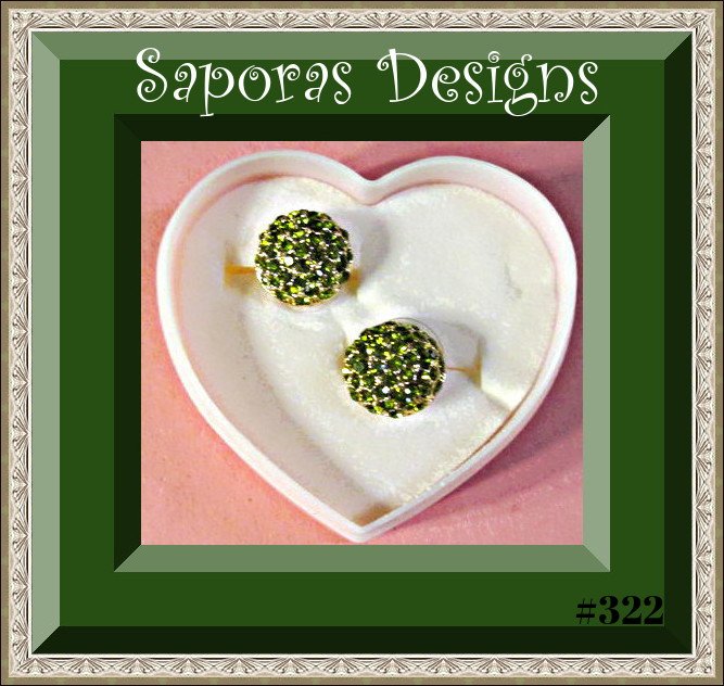 Image 0 of Antique Gold Tone Stud Earrings With Green Crystals Round Circle Style