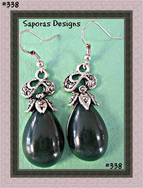Image 0 of Tibetan Silver Flower Design Dangle Earrings With Green Bead & Black Crystals