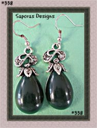 Tibetan Silver Flower Design Dangle Earrings With Green Bead & Black Crystals