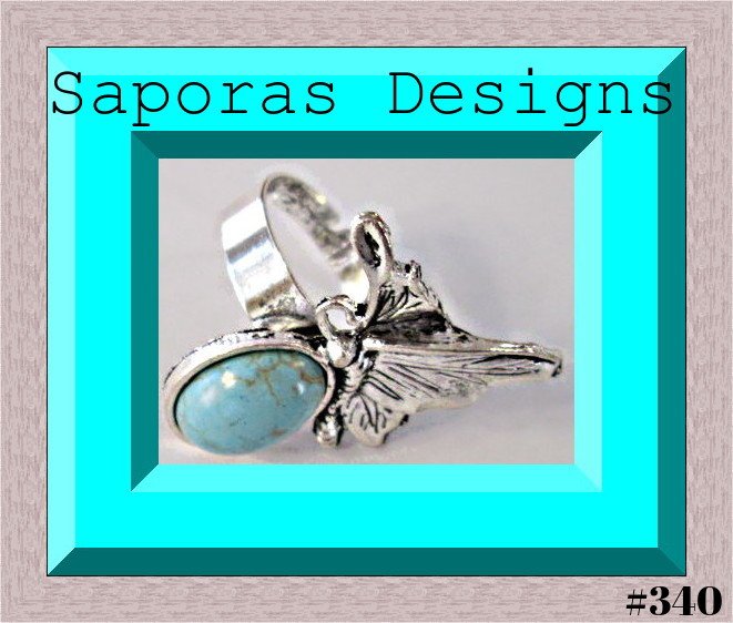 Image 0 of Tibetan Silver & Turquoise Size 8 Butterfly Design Ring Native Ethnic Tribal