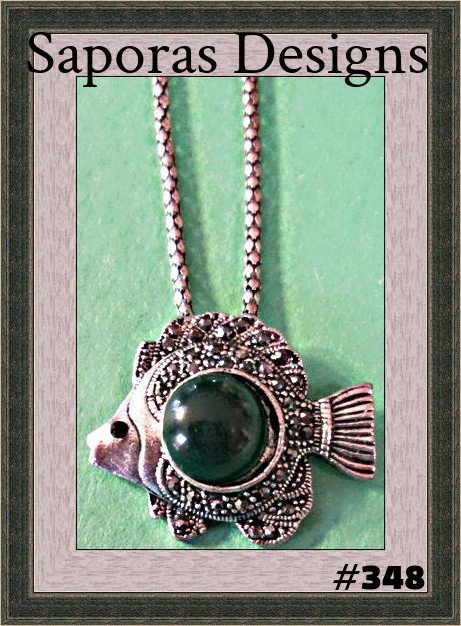 Image 0 of Tibetan Silver Blow Fish Design Necklace With Black Crystals & Green Bead 