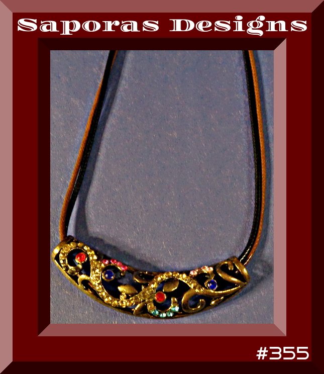 Image 0 of Antique Flower Design Necklace With Colorful Rhinestones & Brown Leather Chain