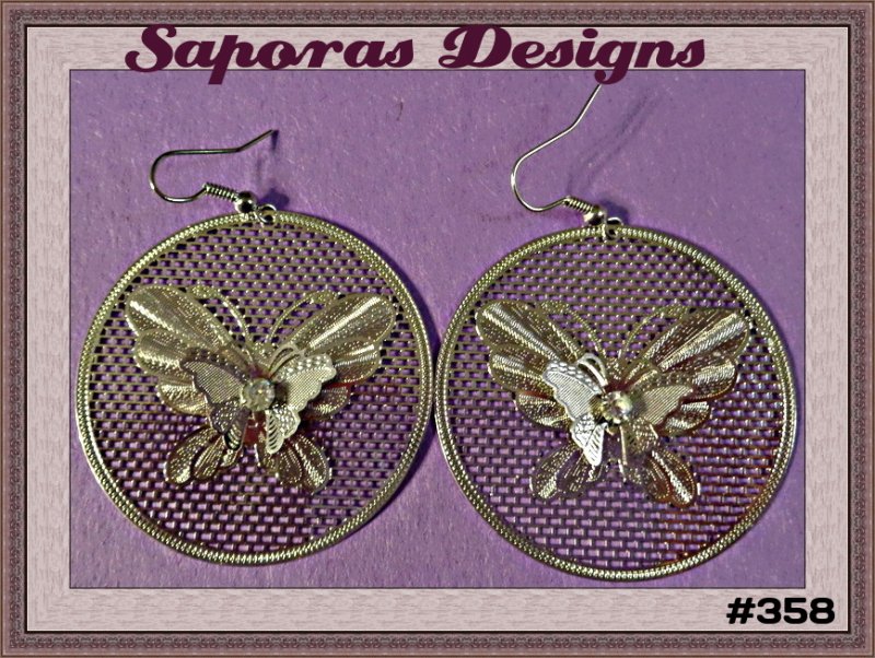 Image 0 of Silver Tone Dangle Round Circle Earring With Butterfly Design & Clear Crystal