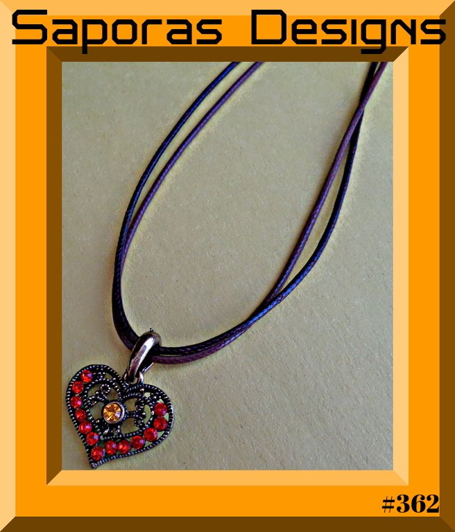 Image 0 of Antique Heart Design Necklace With Red & Yellow Rhinestones & Leather Chain