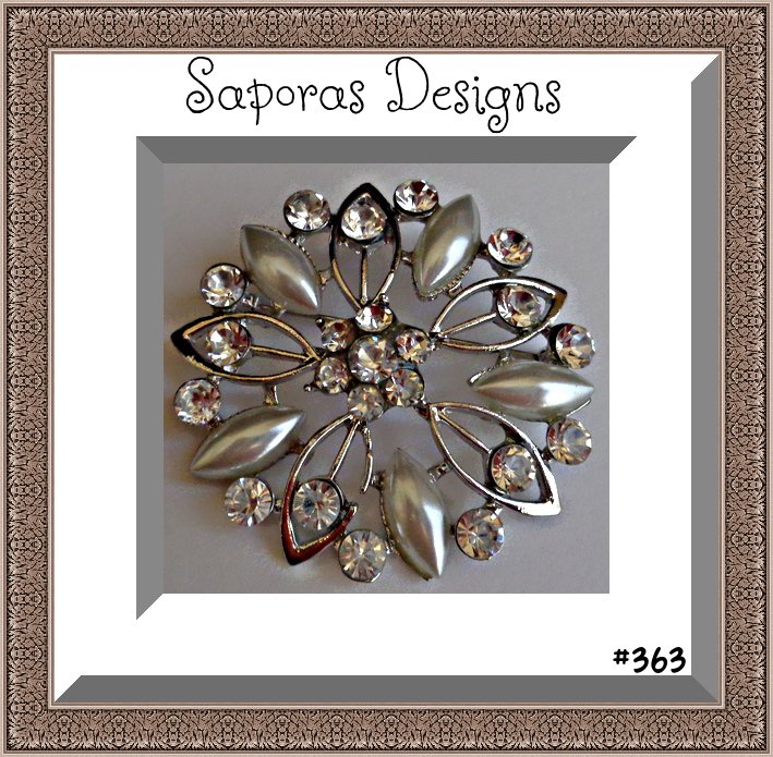 Image 0 of Silver Tone Flower Design Brooch With Clear Crystals & White Faux Pearls Vintage