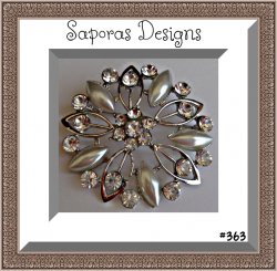 Silver Tone Flower Design Brooch With Clear Crystals & White Faux Pearls Vintage