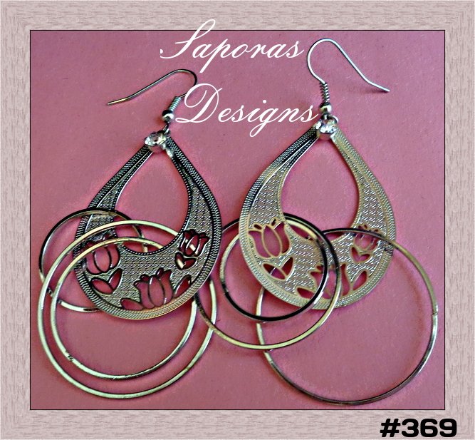 Image 0 of Silver Tone Dangle Chandelier Tear Drop / Flower / Circle Design Earrings