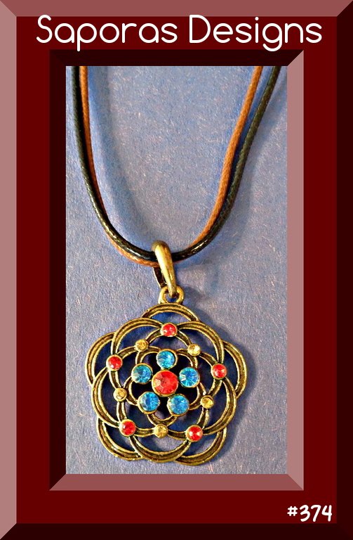 Image 0 of Antique Flower Design Necklace With Colorful Rhinestones & Brown Leather Chain