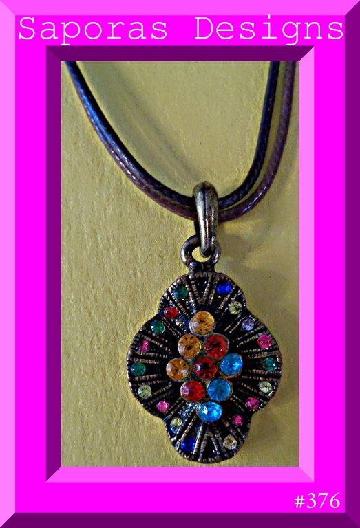 Image 0 of Antique Flower Design Necklace With Colorful Rhinestones & Brown Leather Chain