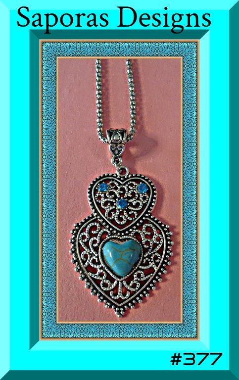 Image 0 of Tibetan Silver & Turquoise Heart Design Necklace With Blue Crystals Native Style