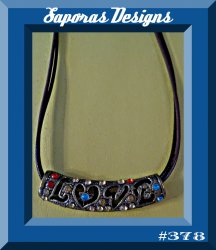 Antique Love Design Necklace With Colorful Rhinestones & Brown Leather Chain