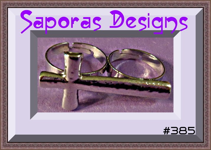 Image 0 of Silver Tone Double Finger Cross Design Ring Size 8 & 6.5 Adjustable To Fit