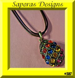 Antique Pineapple Design Necklace With Colorful Rhinestones & Brown Rope Chain
