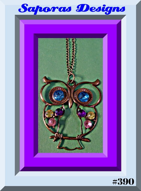 Image 0 of Antique Owl Design Necklace With Colorful Rhinestones