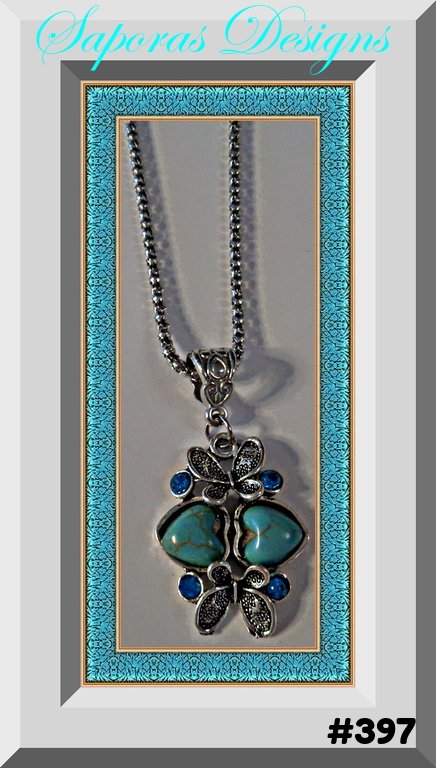 Image 0 of Tibetan Silver & Turquoise Butterfly / Heart Design Necklace With Blue Crystals 