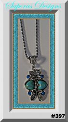 Tibetan Silver & Turquoise Butterfly / Heart Design Necklace With Blue Crystals 