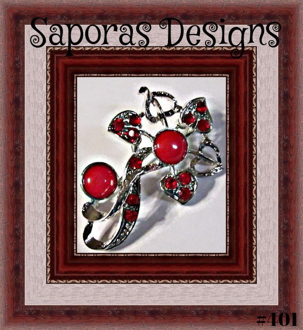 Image 0 of Silver Tone Flower Design Brooch With Red Crystals & Red Beads