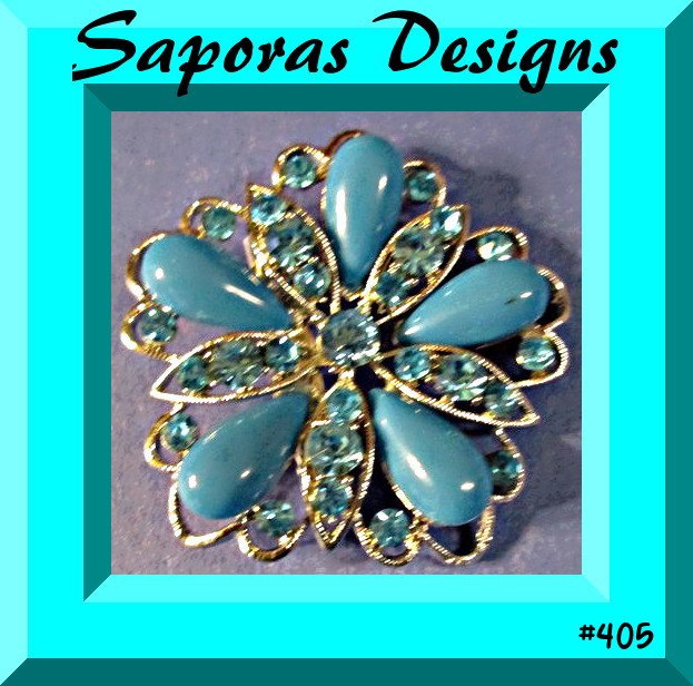 Image 0 of Silver Tone Flower Design Brooch With Blue Crystals & Blue Beads