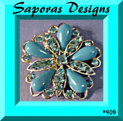 Silver Tone Flower Design Brooch With Blue Crystals & Blue Beads