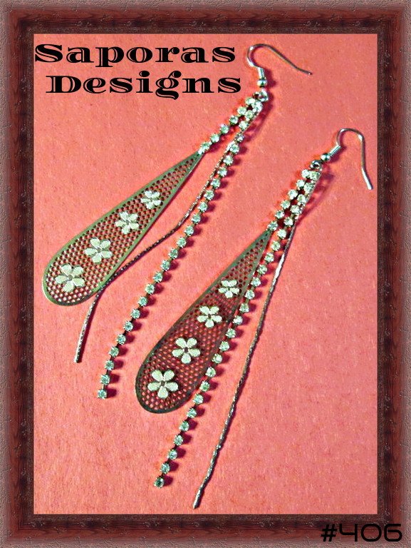 Image 0 of Silver Tone Dangle Chandelier Design Earrings With Flower Designs & Crystals