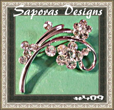 Image 0 of Silver Tone Flower Design Brooch With Clear Crystals Vintage Style